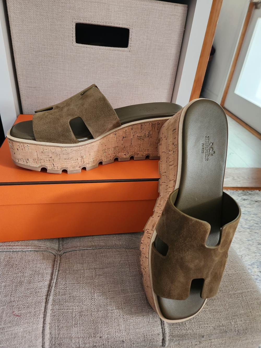 Hermes Olive Suede Cork Platform Slides